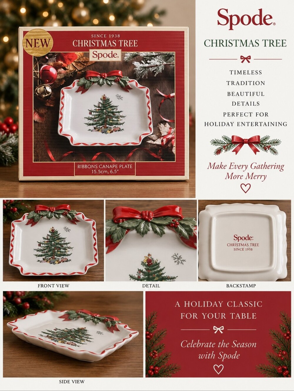 New spode christmas tree 6.5" ribbons canape plate #34